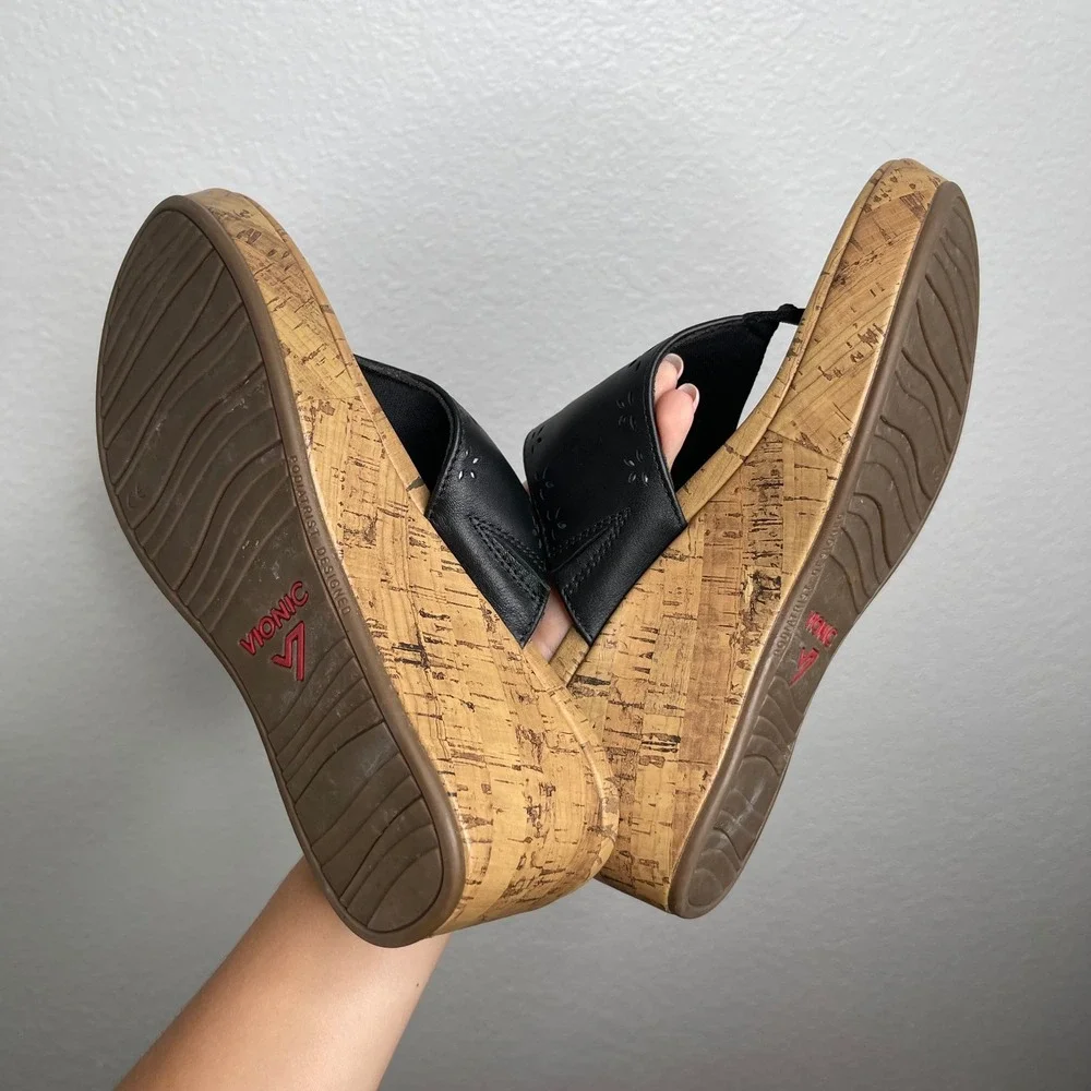 Vionic Anitra Black Leather Cork Wedge Platform Sandals Womens 7